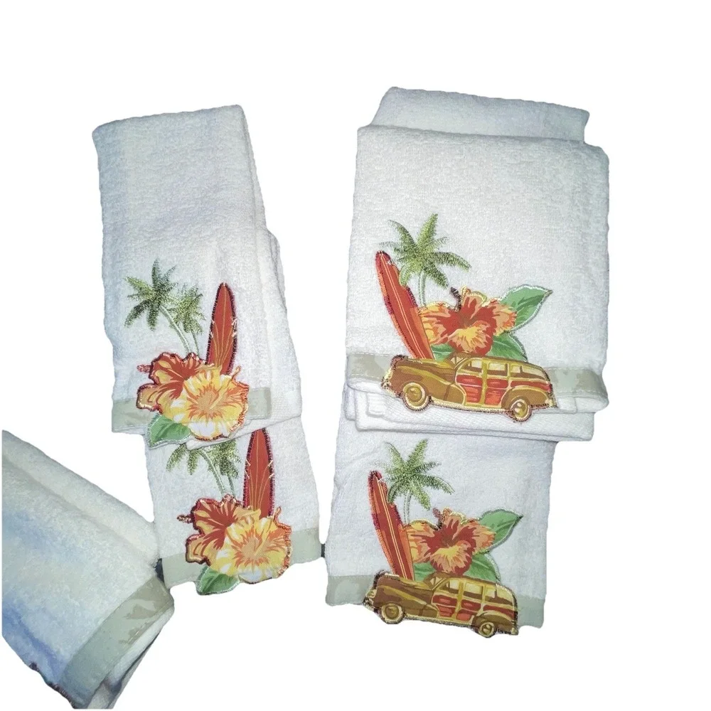 NWT White Bath Wash Hand Towels Woody Surf Wagon Palm Trees Tropical Set of 6